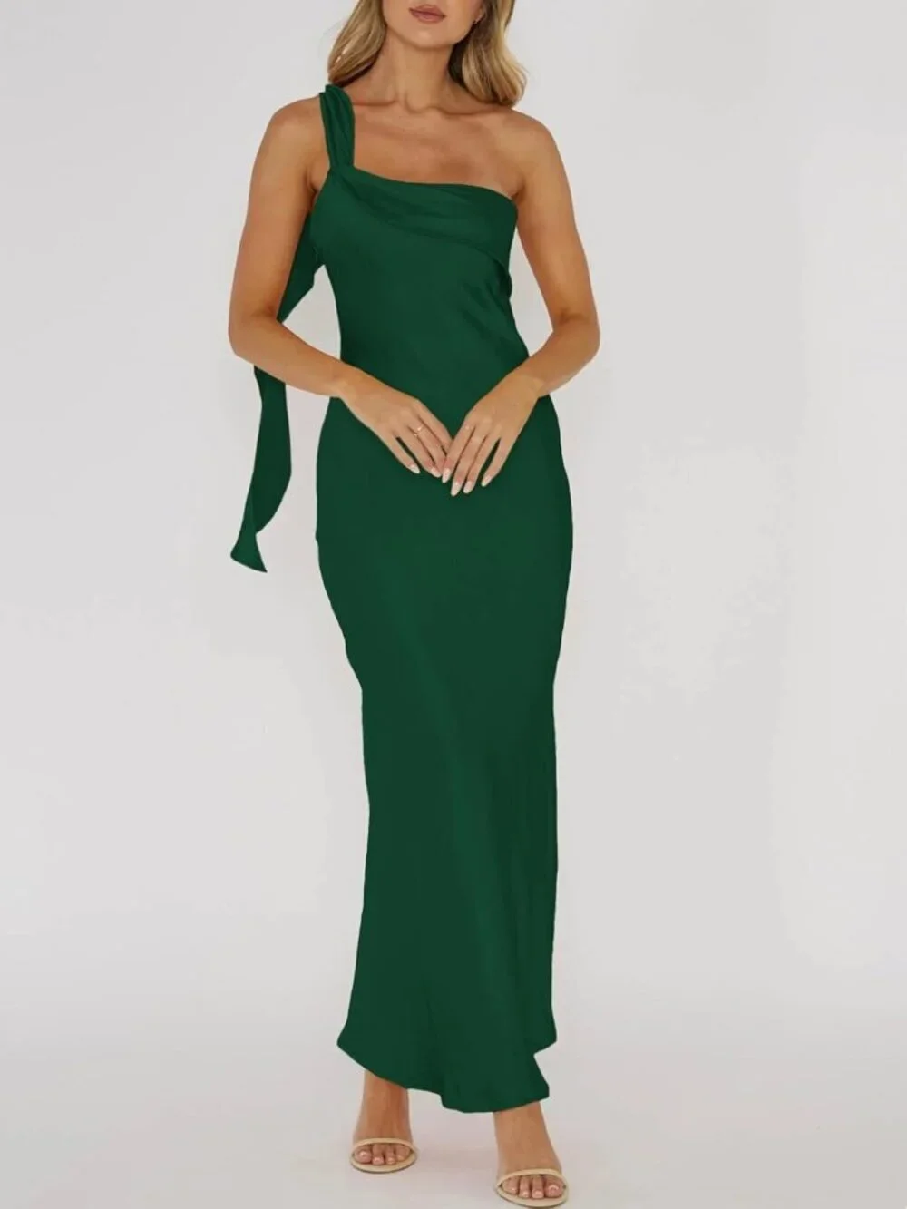 Women's Deep Green Summer Silk Formal Elegant Sleeveless ONE Shoulder Maxi Dress
